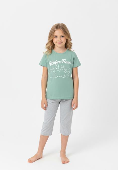 Pijama copii cu maneca scurta si pantaloni 3/4,culoare verde deschis, Engros